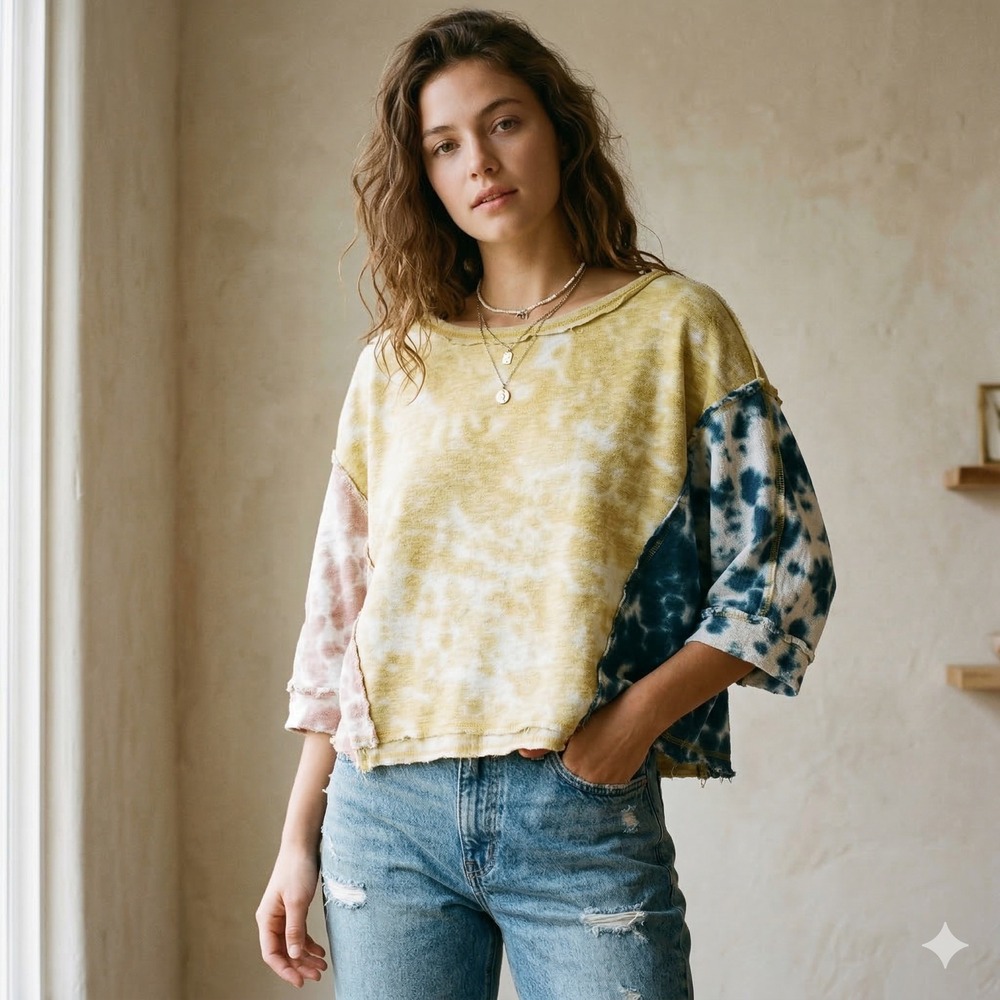 Free People We the Free Chasing the Sun Tie Dye Tee Womens Small Yellow Blue Red